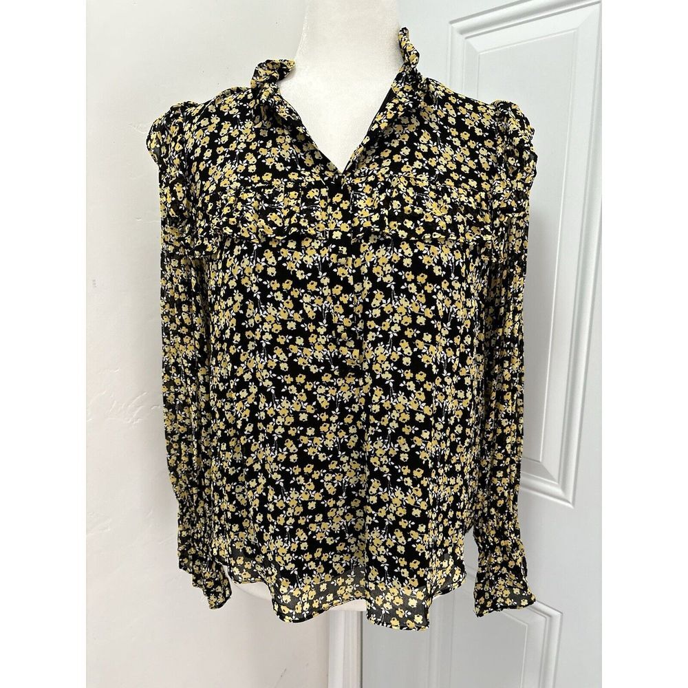 Boden Top Womens 6P Petite‎ Black Ruffle Shirt Blouse Floral Prairie Cottagecore